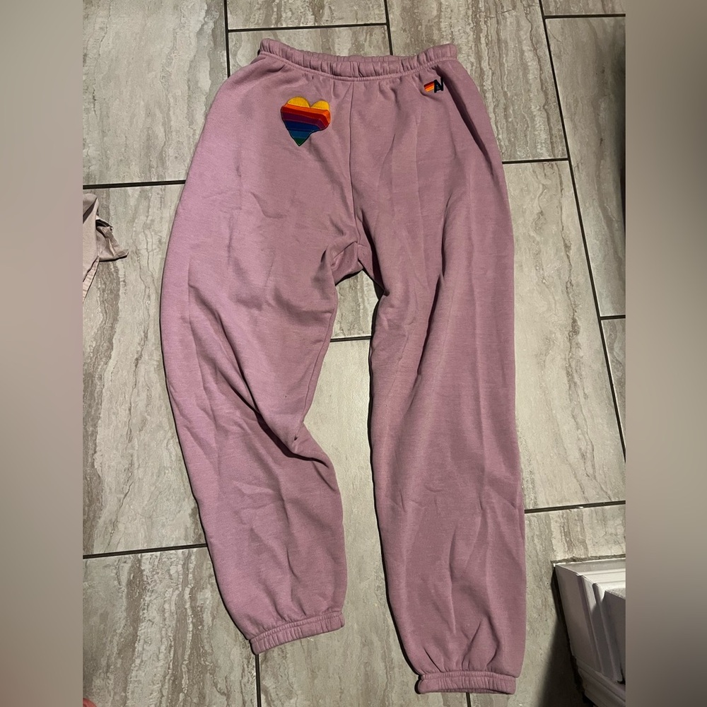 Aviator Nation Lavender Rainbow Heart Sweatpants in XL